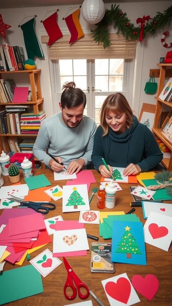 A couple crafting handmade Christmas cards with colorful materials on a table.